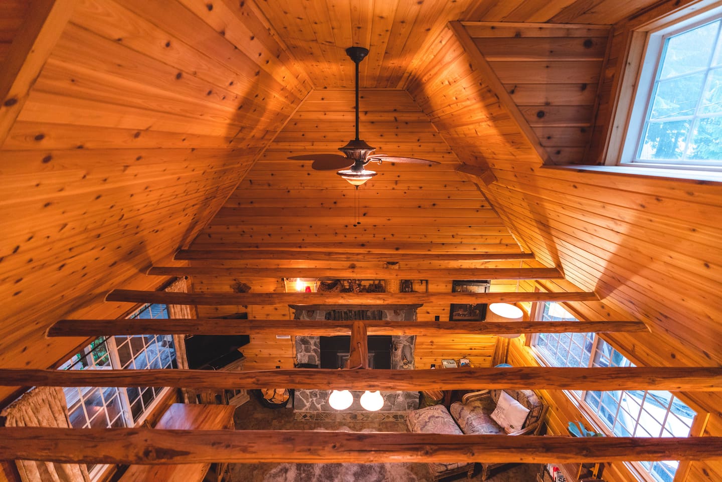 View from the loft showing the vaulted timber ceiling